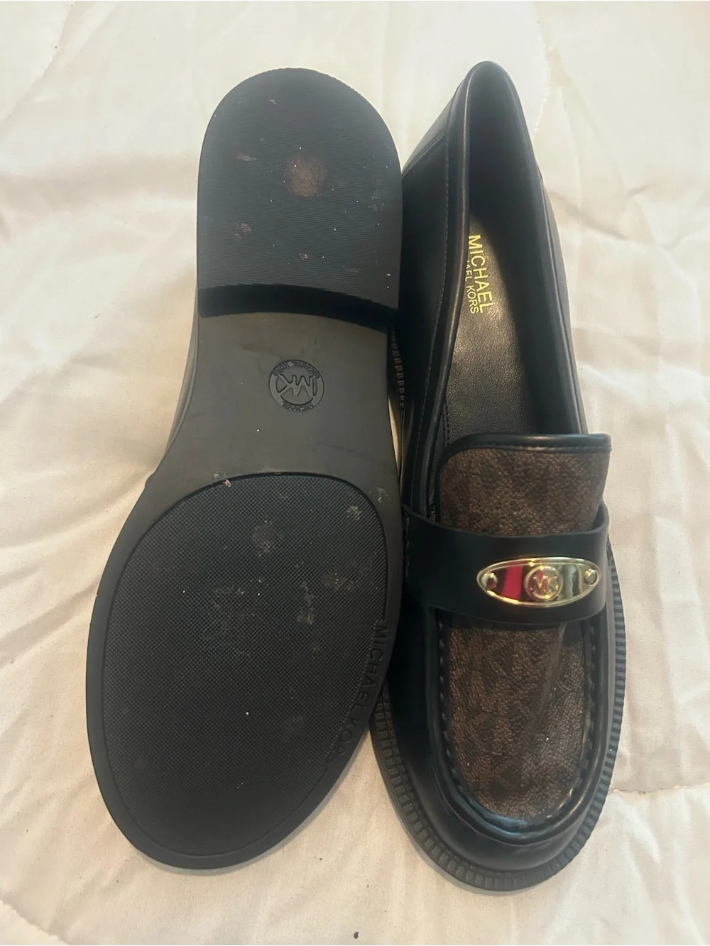 Michael Kors Black Leather Loafers with Brown Logo Vamp and Gold Accent